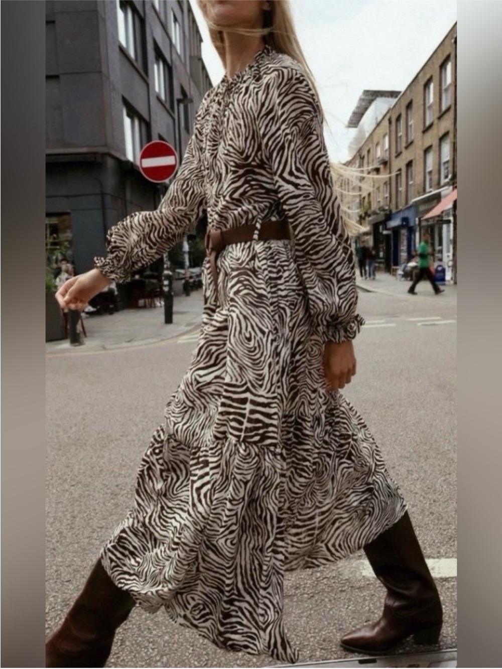 Zara Zebra Animal Print Belted Midi Dress L NWT